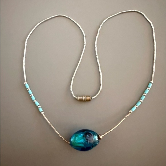 Southwestern Liquid Silver Turquoise Murano Glass Necklace - Picture 4 of 4